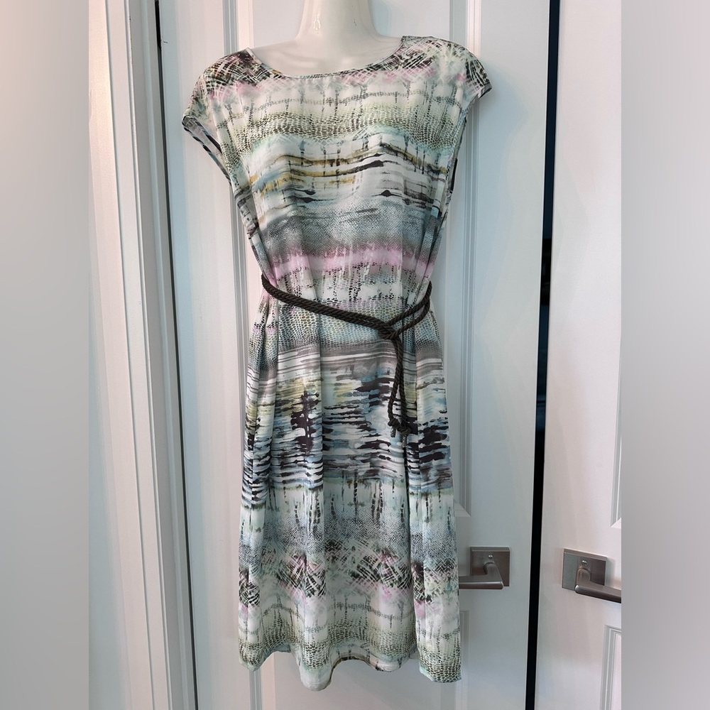 Pastel Watercolor Print Dress with Belt, Bandolera. Brand new